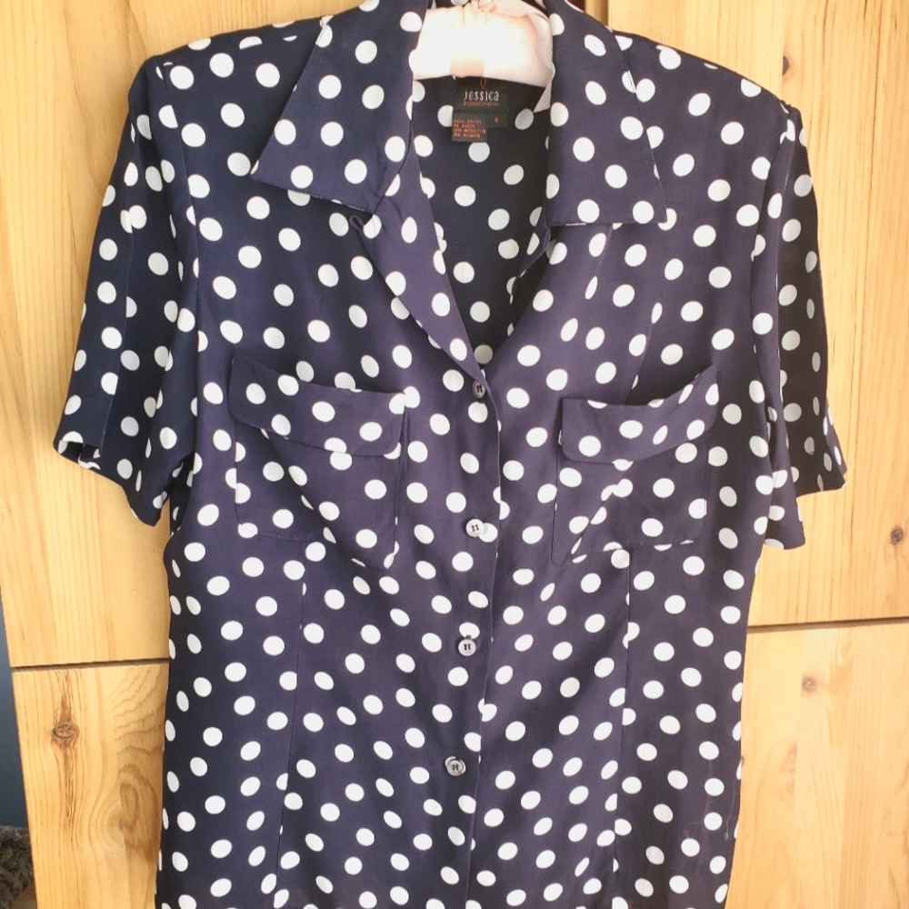 Jessica by Christopher Lai Navy Polka Dot Short Sleeve Blouse Size 4